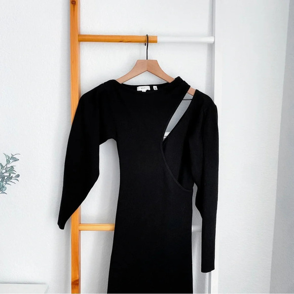 A.L.C Lorelei Dress Black Midi Cocktail Rib Knit Cut Out Long Sleeves - Picture 6 of 15